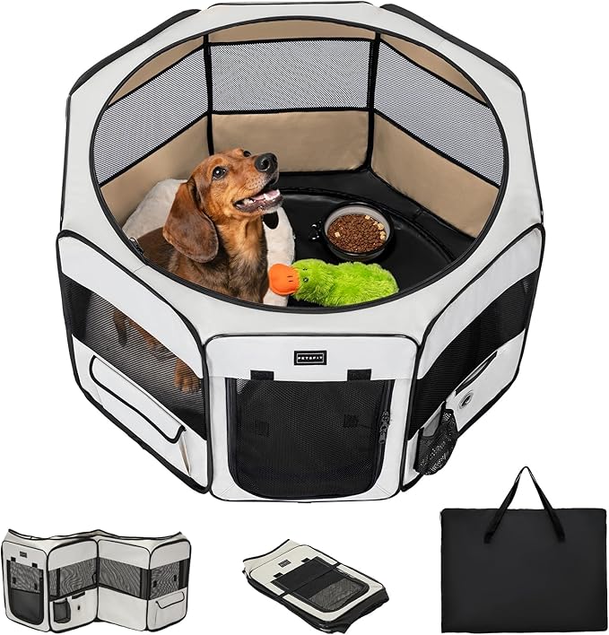 PETSFIT Portable Dog Playpen,36" Dog Play Pen Indoors with Removable Waterproof Mat & Zippered Roof | RV, Camping, Travel Dog Pen | Whelping & Cat Observation Space(36" L x 36" W x 21" H)