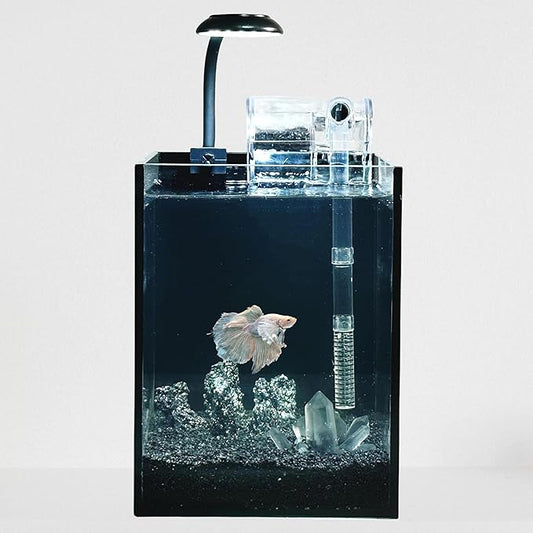 Nano Aquarium Kit,1.5 Gallon Rimless Small Glass Tank with Filter, Aquarium Light, and Aquascaping Decorations, for Home and Office (Black Tank - White Crystal, Small)