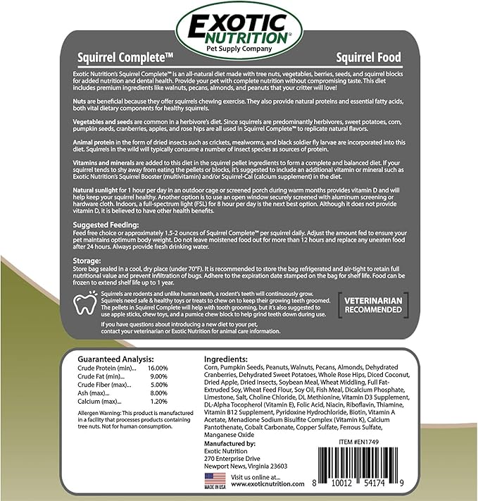 Squirrel Complete (15 lb.) - Healthy Natural Food - Nutritionally Complete Diet for Pet & Captive Squirrels - Ground, Grey, and Flying Squirrels, & Chipmunks