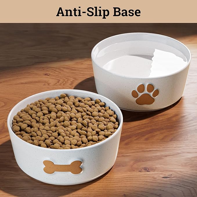 Ceramic Dog Bowl Set of 2 with Anti-Skid Base - 6.5" Wide x 2.5" Tall Ceramic Dog Bowls Medium Sized Dogs - 3.8 Cup Capacity Food and Water Bowls for Dogs - Rubber Bottom Pet Bowl Set of 2 Medium Size