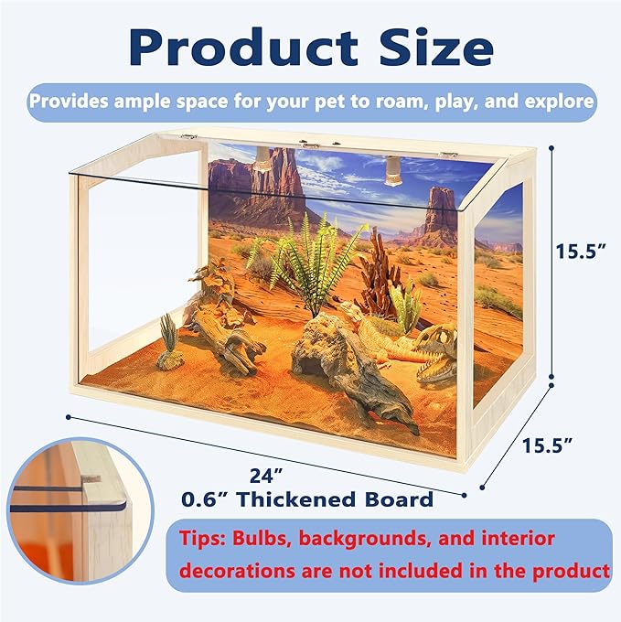 Bearded Dragon Tank, Reptile Enclosure, Snake Tank, Reptile Terrarium, Built-in Light Fixtures with Switch, (23 Gallon, 24" Long, Clear Acrylic Roof)