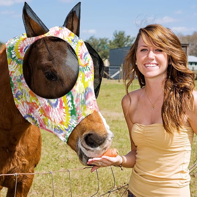 Qualirey12 Pieces Horse Fly Mask Bulk Comfortable Elasticity Mask for Horses with Ears Net UV Protection Breathable Face Covering for Pony and Foal(Medium, Tie Dye Patterns)