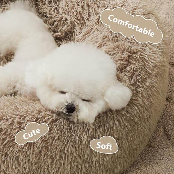 WNPETHOME Calming Dog Bed & Cat Bed, Anti-Anxiety Donut Small Dog Beds, Fluffy Faux Fur Cat Cushion Dogs Bed for Small Dogs and Pet (24 x 24 Inch, Brown)