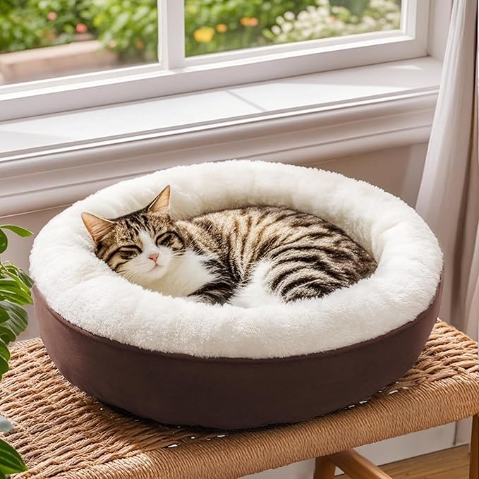 Love's cabin Round Donut Cat and Dog Cushion Bed, 20in Pet Bed for Cats or Small Dogs, Anti-Slip & Water-Resistant Bottom, Super Soft Durable Fabric Pet Beds, Washable Luxury Cat & Dog Bed Brown