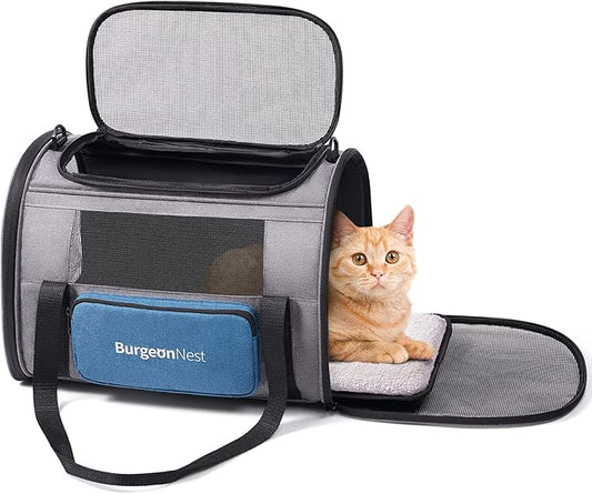 BurgeonNest Cat Carrier for Large Cats 20 lbs,Medium Pet Under 25 lbs,2 Puppy and Small Dogs with Unique Side Bag,Top Load Pet Carrier Soft-Sided Escape Proof with 4 Ventilated Windows