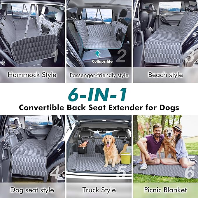 Back Seat Extender for Dogs-Supports 400lb,Waterproof Dog Car Seat Cover Hard Bottom-Detachable,600D Heavy Duty Scratch Proof Nonslip Soft,Dog Hammock for Car,SUVs-Grey