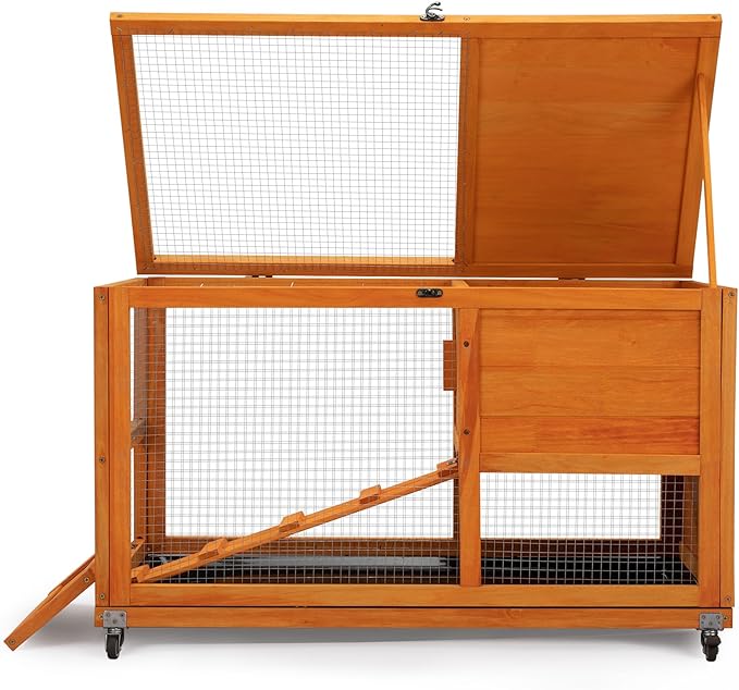 COZIWOW Fashionable Wood 36Inches Rabbit Hutch Indoor with Wheels Bunny Cage Outdoor Fashion Rabbit Cage with Clean Tray, Openable Roof, Anti-Slip Ramp for Small Bunny Rabbit (Orange)