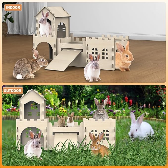 Large Bunny House and Hideouts, Wooden Dual-Layer Rabbit Castle with Stair, Rubber Band-Free Setup - Chew-Proof, Sturdy Habitat for Guinea Pig Chinchilla Ferret (Rabbit House)