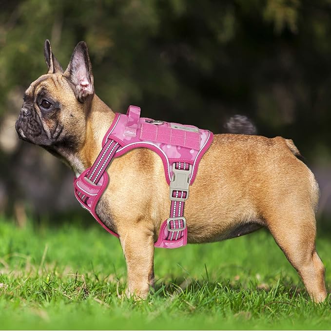 Heavy Duty Tactical Dog Harness for Medium Dogs, No Pull Adjustable Pet Harness Reflective Service Training Easy Control Pet Vest Military K9 Working Dog Harnesses- Medium, Pink Camo