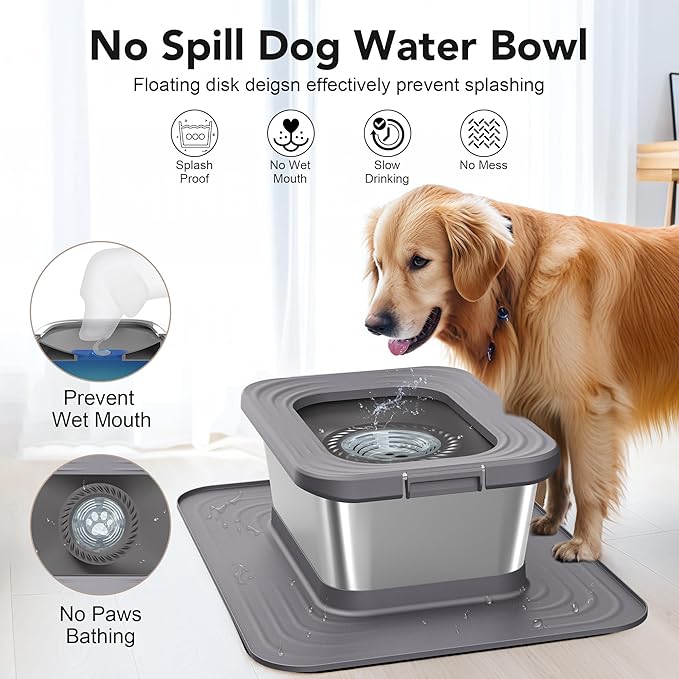 Decflow 10L Stainless Steel Dog Water Bowl, No Spill Anti-Splash Dog Bowls with XXL Silicone Mat, Spill-Proof Slow Feeder for Messy Drinkers, Heavy Duty Pet Bowls for Indoor/Outdoor Use Grey