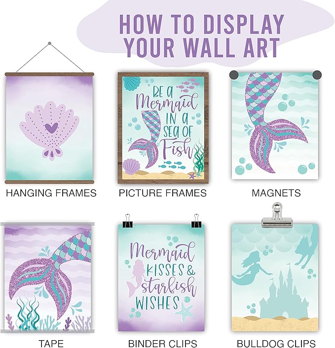 Hadley Designs 6 Mermaid Wall Decor – Reversible Magical Mermaid Wall Art for Nursery & Bathroom, Under the Sea Unframed Ocean-Themed Room Decor Prints for Girls' Bedroom