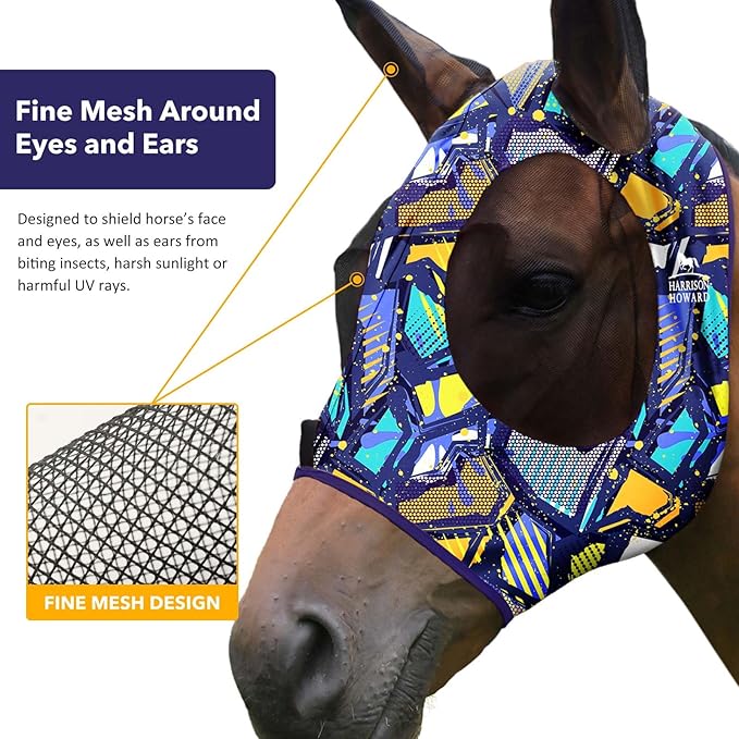 Harrison Howard Super Comfort Stretchy Fly Mask Large Eye Space with UV Protection Soft on Skin with Breathability Graffiti Mix M Cob