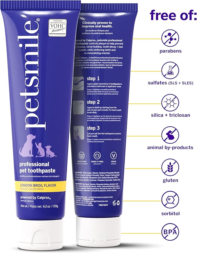Petsmile Professional Pet Toothpaste for Cats & Dogs - Only VOHC Accepted Toothpaste - Clinically Proven to Control Plaque & Tartar Calprox Formula (London Broil, 4.2 Oz)