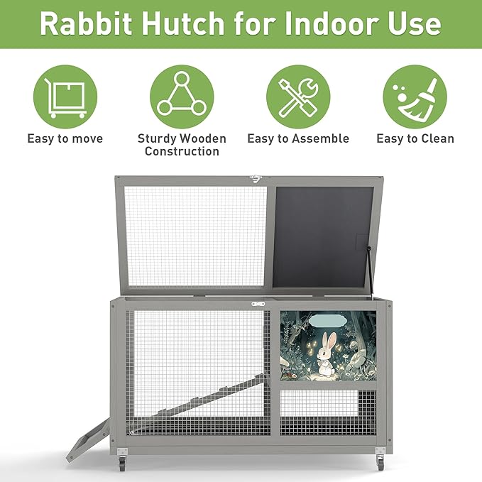 COZIWOW Fashionable Wood 36In Rabbit Hutch Indoor on Wheels Bunny Cage Outdoor Rabbit Cage with Clean Tray, Openable Roof, Anti-Slip Ramp for Small Bunny Rabbit (Grey with Pattern)