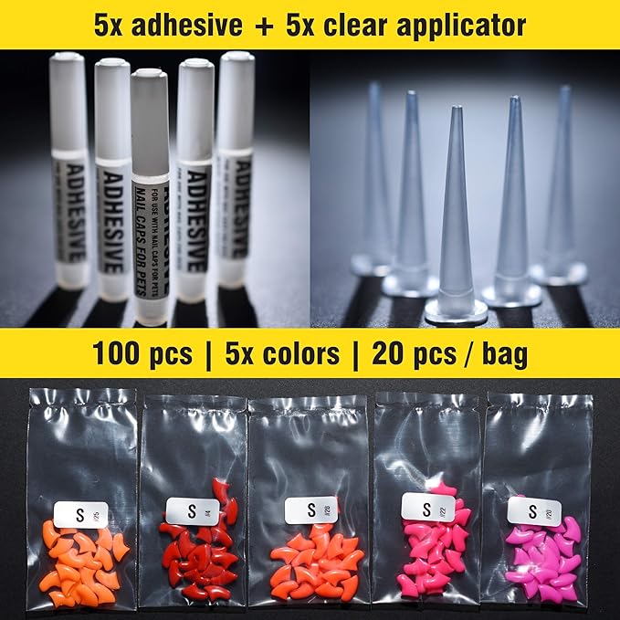 zetpo 100 pcs Cat Nail Caps | Cat Claw Covers | with Adhesives and Applicators (S, Orange, Red, Neon Red, Bright Pink, Rose)