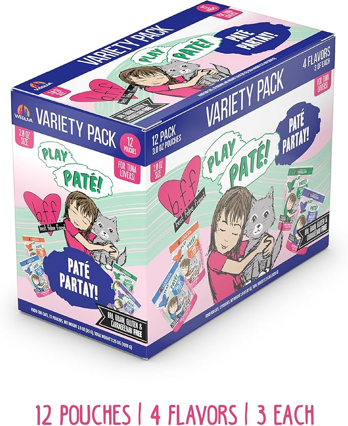 Weruva B.F.F. Play - Best Feline Friend Paté Lovers, Aw Yeah!, Paté Partay! Variety Pack, 3oz Pouch (Pack of 12)