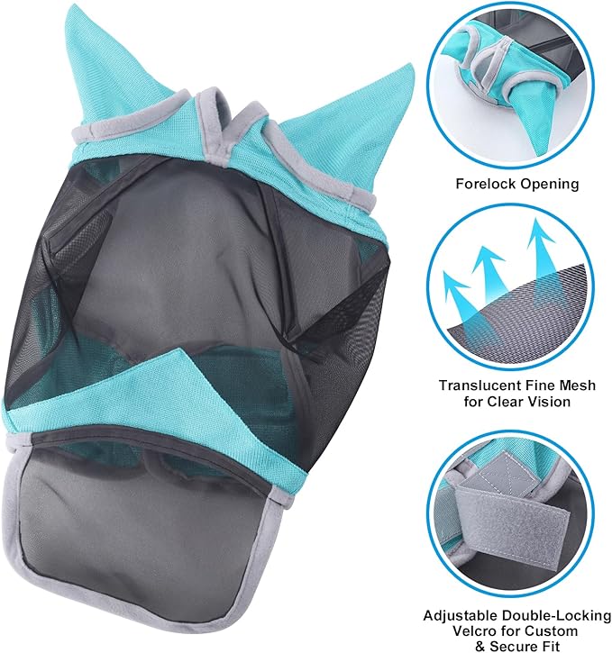 Horse Fly Mask with Ears & Long Nose Cover | Forelock Opening for Tangle-Free Mane Care | UV Protection & Breathable Mesh | No Rub Fit and Enhanced Visbility for Trail Riding Turquoise Pony