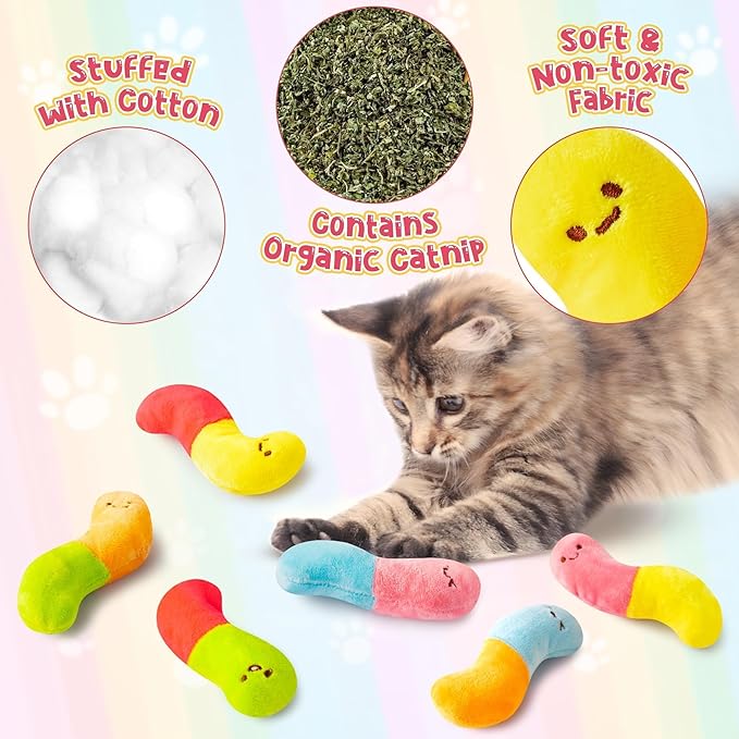 L1rabe Worm Candy Catnip Stuffed Toys - 6P Colorful Worm Organic Cat Toys Funny Indoor Chew Bite Kick Tools, Interactive Pet Supplies Cat Lovers Kittens Birthday Presents Pet Christmas New Year Gifts