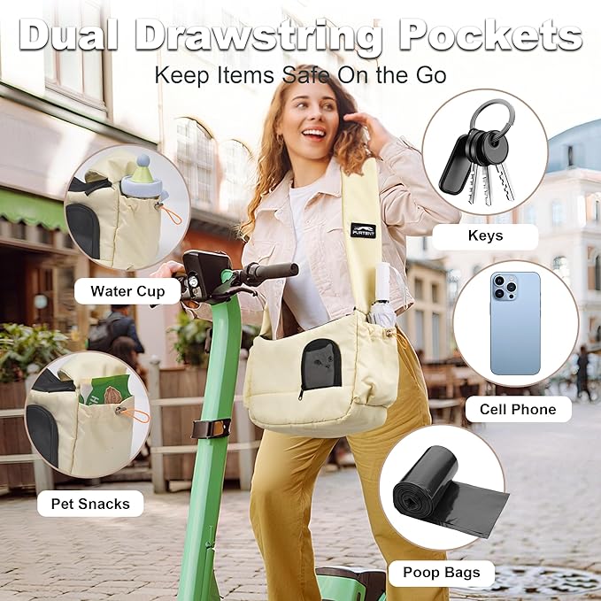 Cat Sling, Dog Carrier Sling for Kitten and Puppy up to 8.8 lbs, Breathable Cats Carrier Pouch Pet Purse with Soft Mat, Hands-Free Pet Carrier with Safety Harness and Pockets for Travel, Yellow