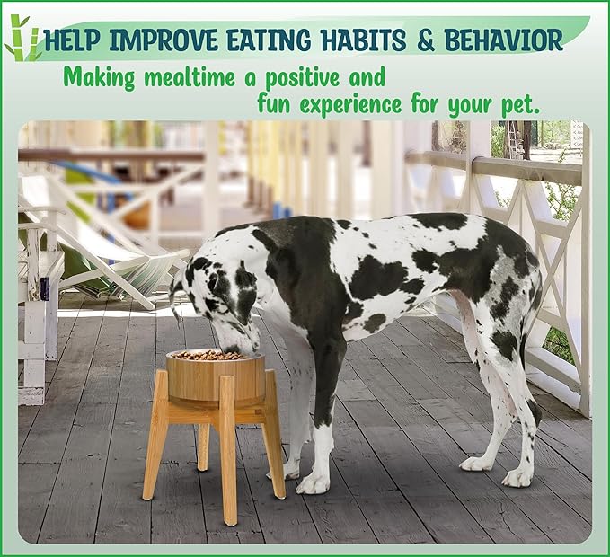 Elevated Dog Bowls for Large Breed - (15-Inch Tall, 74-oz Cap), Deter Ants and Bugs - Raised Single Feeder, Suitable for Dry and Wet Pet Foods - Bamboo with Stainless Steel Dish
