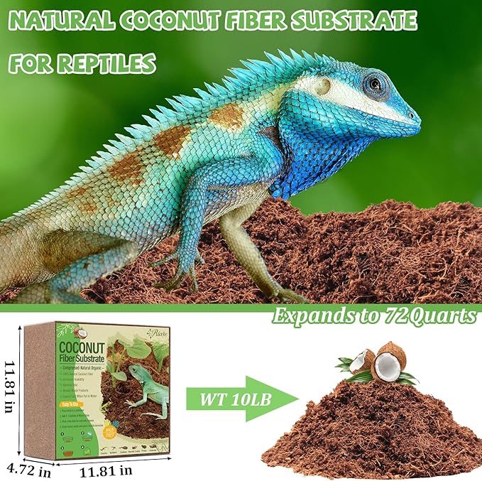 Riare 10LBS Natural Coconut Fiber Substrate for Reptile- Premium Compressed Coconut Husk Terrarium Bedding for Reptile, Tortoise, Frogs, Snakes, Hermit Crabs, Burrowing Animals