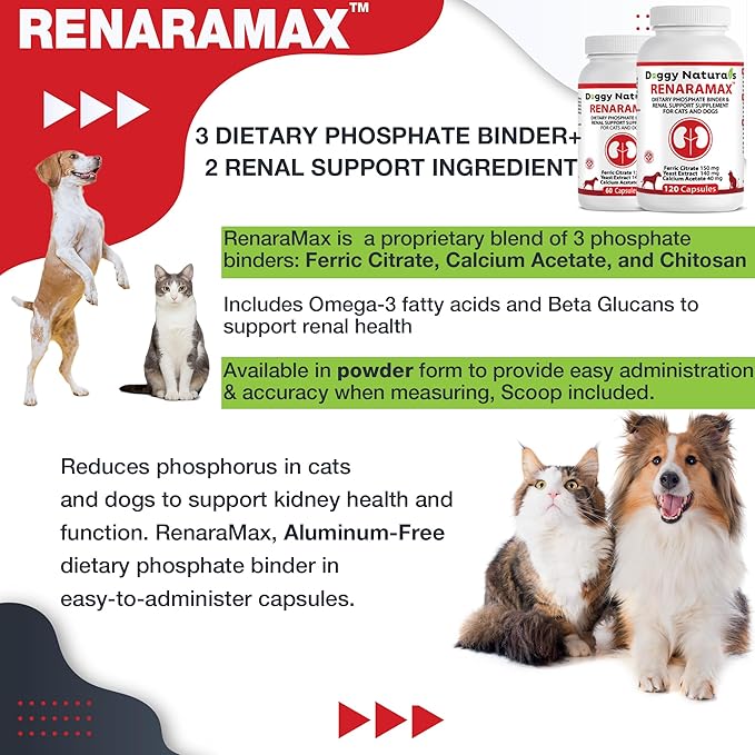 RENARAMAX Dietary Phosphate Binder and Renal Support Supplement for Cats and Dogs 120 Count (Made in U.S.A)