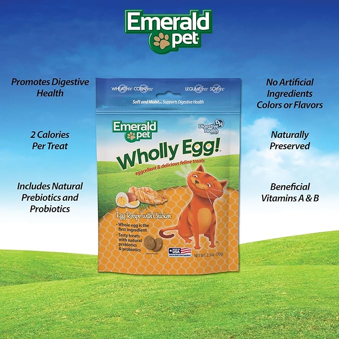 Emerald Pet Wholly Egg Digestive Health Cat Treats - Soft and Moist cat Treats for Healthy Digestion - Natural Prebiotics and Probiotics for cat Digestion - Chicken Treats, 2.5 oz