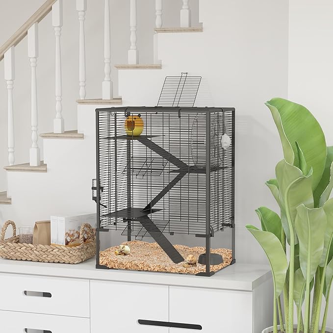 PawHut Large Hamster Cage with Deep Tempered Glass Bottom, 4 Tiers Hamster Tank with Running Wheel, Hut, Water Bottle, Dish, Rat Cage for Syrian, Dwarf, Gerbils, Mouse, 24" x 16" x 31.5", Black
