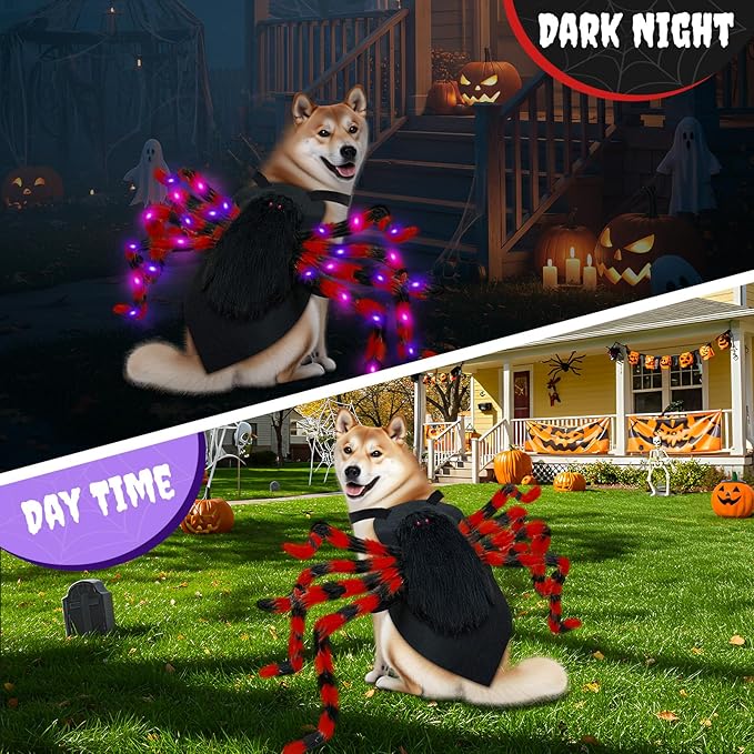 Dog Halloween Costume Large Breed, Furry Dog Spider Costume with 64 LED, Funny Halloween Dogs Costumes for Large Dogs Medium Pet Halloween Party Cosplay (Red)