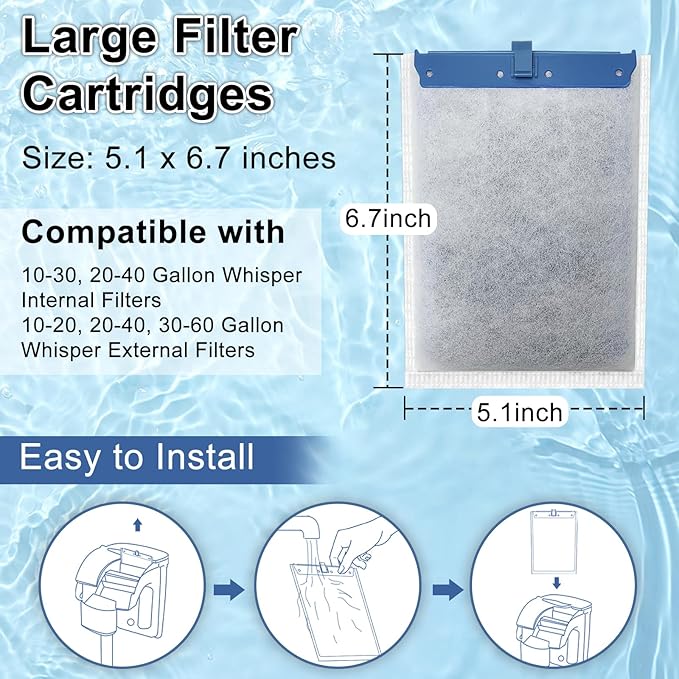 6 Pack Filter Cartridge Compatible with Whisper Bio-Bag Filters, Large Aquarium Filter Cartridges Compatible Replacement with Whisper Filters 20i,40i/IQ20,30,45,60/PF20,30,40,60 and ReptoFilter