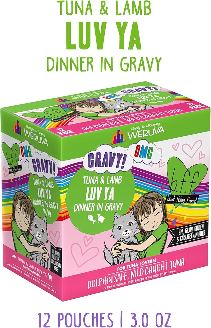Weruva B.F.F. OMG - Best Feline Friend Oh My Gravy!, Tuna & Lamb Luv Ya with Tuna & Lamb in Gravy Cat Food, 3oz Pouch (Pack of 12)