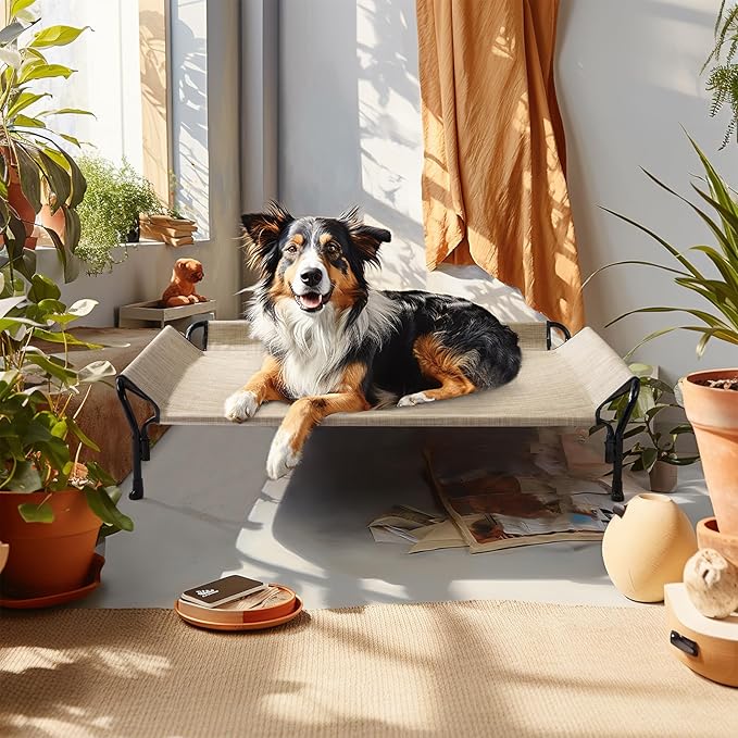 Veehoo Cooling Elevated Dog Bed, Raised Pet Cot with Guardrail & Slope Headrest, Durable Breathable Teslin Mesh, Non-Slip Feet, Washable Dog Couch Bed for Indoor & Outdoor, 47" x 32", Beige Coffee