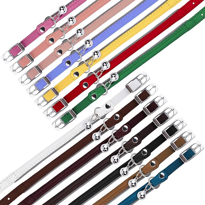 OOPSDOGGY Rolled Leather Cat Collar with Bell, Reflective Kitten Collars with Buckle Include Safety Elastic Strap - Adjustable Small Pet Collars for Boy Girl Cats (Blue)