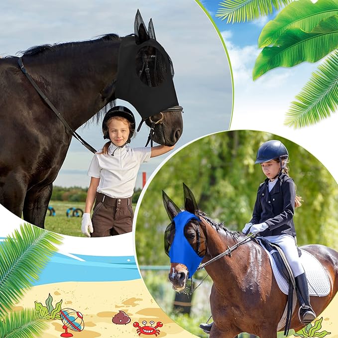 Sadnyy 6 Pcs Horse Fly Masks with Ears Comfort Breathable Mesh Fly Masks Net UV Protection Large Eye Space Full Face Covering Elasticity Soft for Horses(Medium)