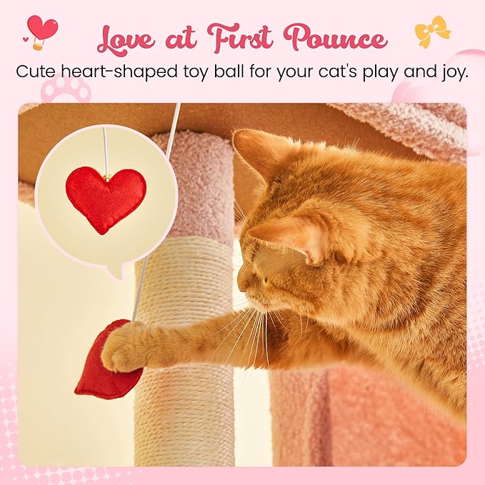 MWPO Cute Cat Tree, 70.1-Inch Tall Pink Cat Tower for Indoor Cats Large Adult, Multi-Level Cat Condo with 5 Scratching Posts, 2 Padded Perches, Hammock, Dangling Toys