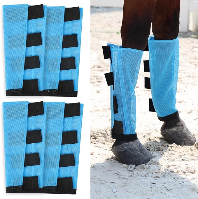 Premium 4-Pack Horse Fly Boots & Leggings Loose-Fit Fine Mesh with Stay-On Fasteners, Support Strips & Anti-Stomp Design Breathable Non-Slip Protection Leg Wrap (Large) Sky - Blue