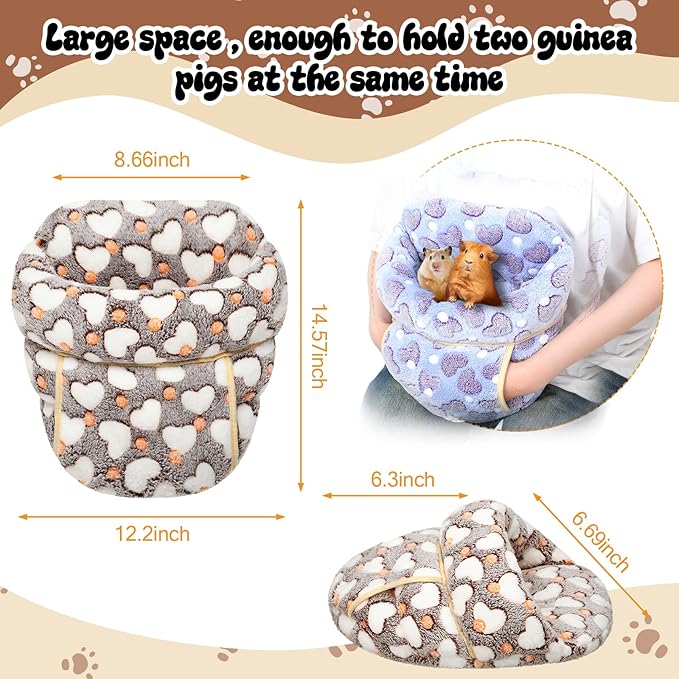 Wenqik 2 Pcs Guinea Pig Bed Cuddle Warm Hideout Small Animal Sack Cozy House Bedding Sleeping Cushion Portable Pet Carrier Cage Nest for Rabbit Hamster Rat(Gray, Pink,Heart)