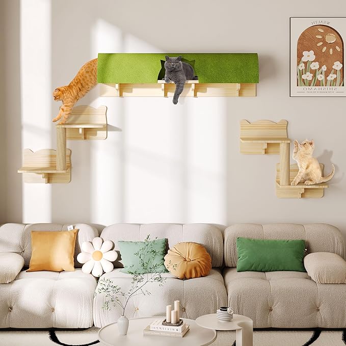 Cat Wall Shelves and Perches, Solid Wood Wall Cat Furniture, Set of 7 Feline Climbing Shelves with Bed, Steps, Scratching Post and Tunnel