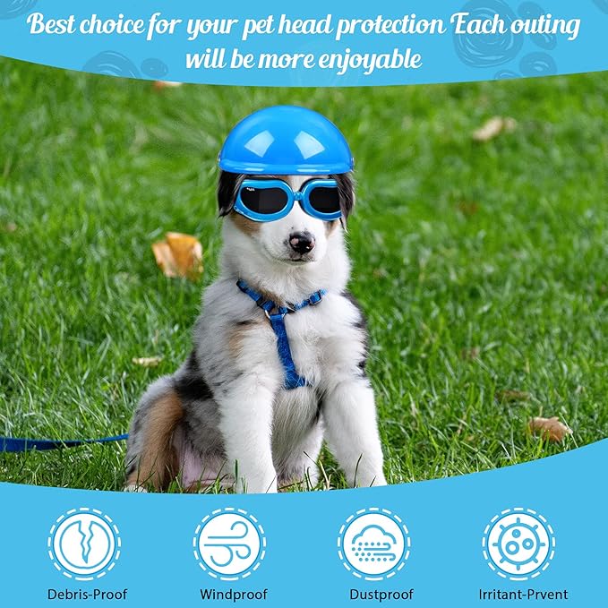 Frienda Dog Helmet and Goggles, UV Protection Doggy Sunglasses and 4 Inch Padded Puppy Motorcycle Helmet Adorable Dog Goggles with Adjustable Belt for Small Dogs Puppy Riding(Blue,S)