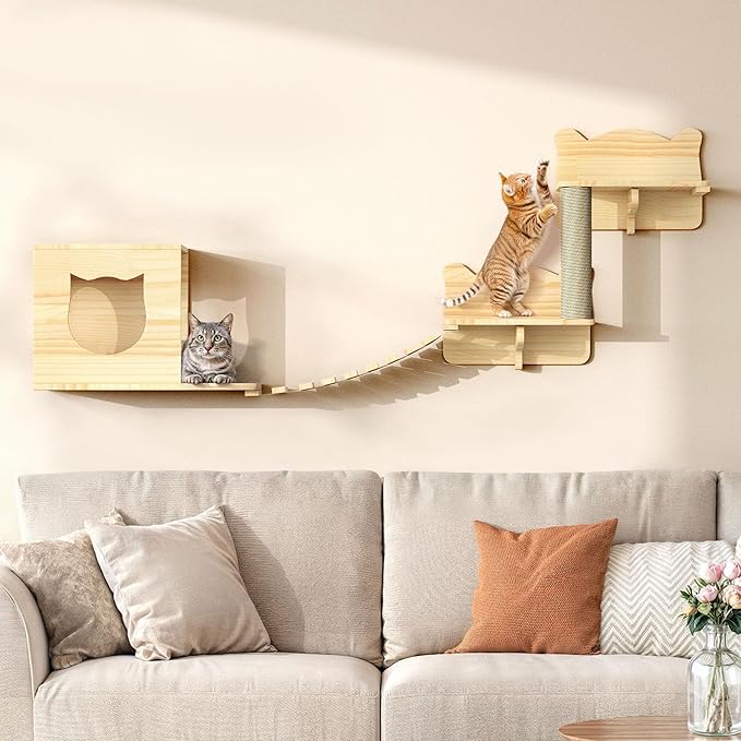 Cat Wall Shelves, Cat Wall Furniture Pine Wooden Feline Shelf, 5 Piece Shelves and Perches with Bed, House, Steps, Bridge Ladder and Scratching Post