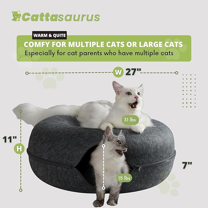 CATTASAURUS Peekaboo Cat Cave for Multiple & Large Cats Up to 30-45 Lbs, Scratch Detachable & Washable Tunnel Bed, Comfy Donut Cat Cave (Dark Gray, Jumbo)