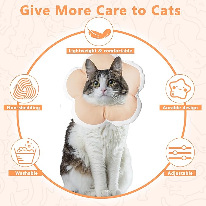 Cat Cone Collar Soft, Waterproof Cats Cones to Stop Licking After Surgery, Adjustable Soft Elizabeth Cats Collars for Wound Healing, Flower Shape Cat Recovery Collar (Pastel Orange, X-Small)