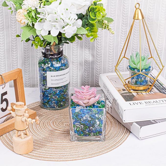 Keedolla 3 Lb Green Mix Aquarium Glass Stones Betta Fish Tank Bowl Rocks, Aquarium Fish Tank Gravel Glass Pebbles Gemstones for Fountain Succulent Plant Decorative Rock Pebble Stone