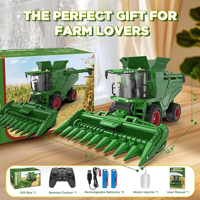 Remote Control Combine Harvester Tractor Toy with Corn Head, RC Tractor Toys for Kids 3+, Light/Spray/Sound/1/24 Scale, Farm Toy Combine Harvester for Kids, Christmas Birthday Gift 2025