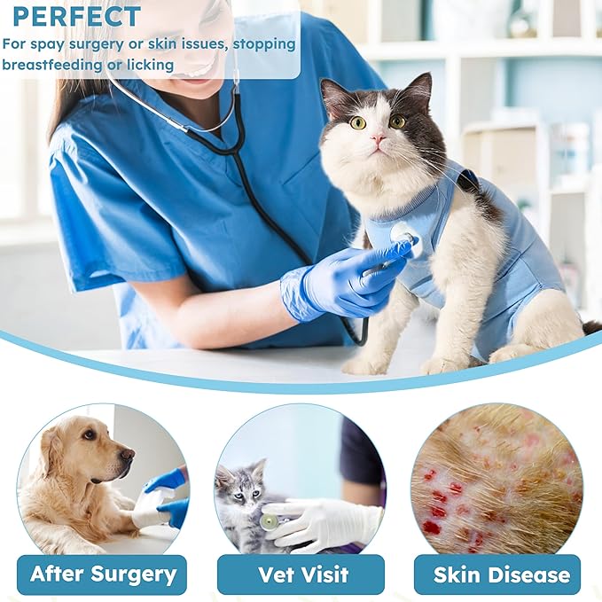 Recovery Suit for Cats After Surgery Soft Breathable Pet Bodysuit E-Collar & Cone Alternative Surgical Suit Kitten Wear Anti Licking Wounds Cat Onesie Cats Neuter Shirt Blue S