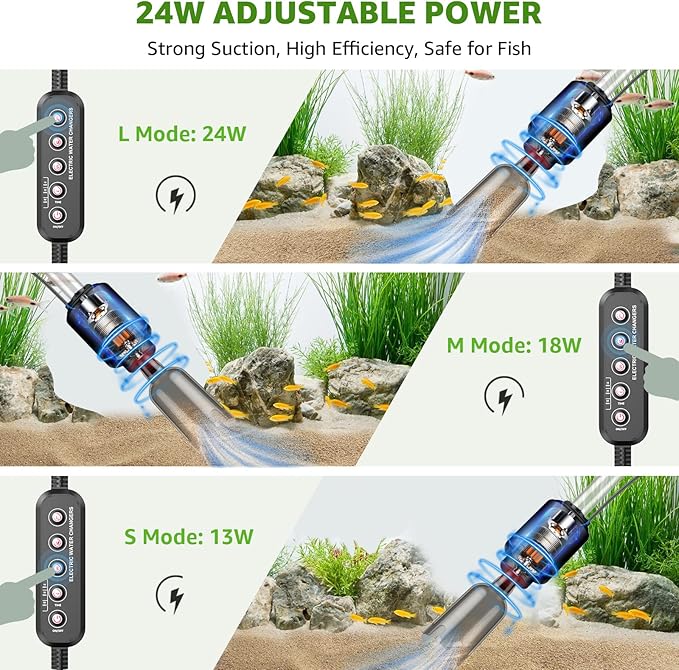 Electric Aquarium Vacuum Gravel Cleaner: 24W Fish Tank Vacuum Gravel Cleaner with Strong Suction for Automatic Water Change Algae Remover Sand Wash Water Shower and Water Circulation, Timed Off