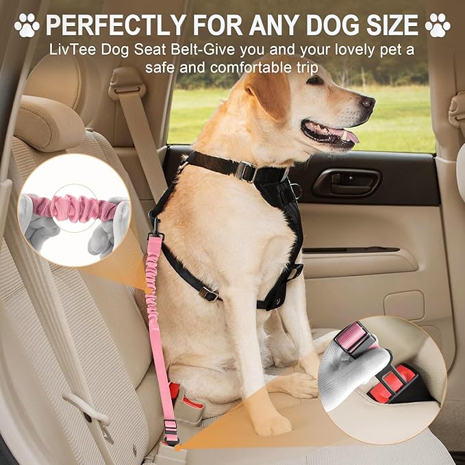 LivTee Dog Seat Belt for Car, Retractable Pet Safety Harness, Adjustable Nylon Dog Seatbelt Leash, Comfortable Dog Accessories for Vehicles (Light Pink-1PCS)
