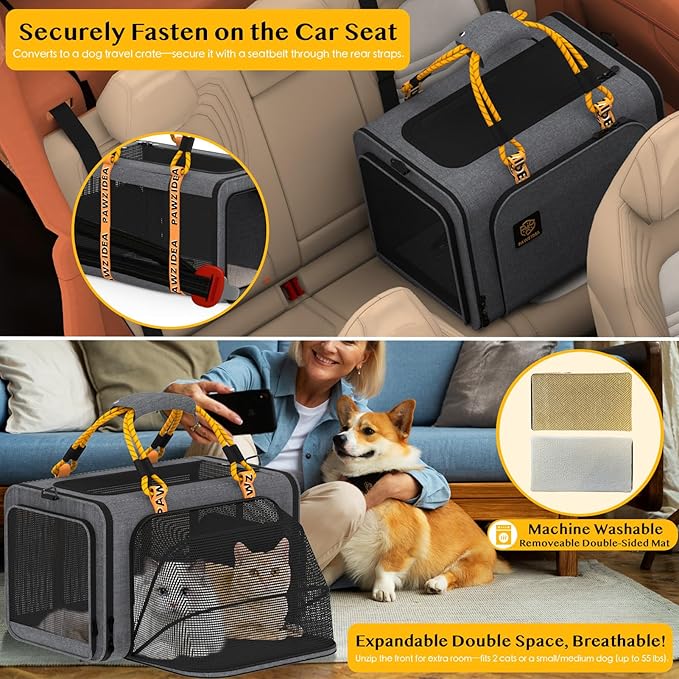 PAWZIDEA Expandable Pet Carrier with Wheels, 24x16x16in Large Cat Carrier for 2 Cats, Soft-Sided Dog Carriers for Small Medium Dog, Collapsible Rolling Travel Bag w/Telescopic Handle, Shoulder Straps