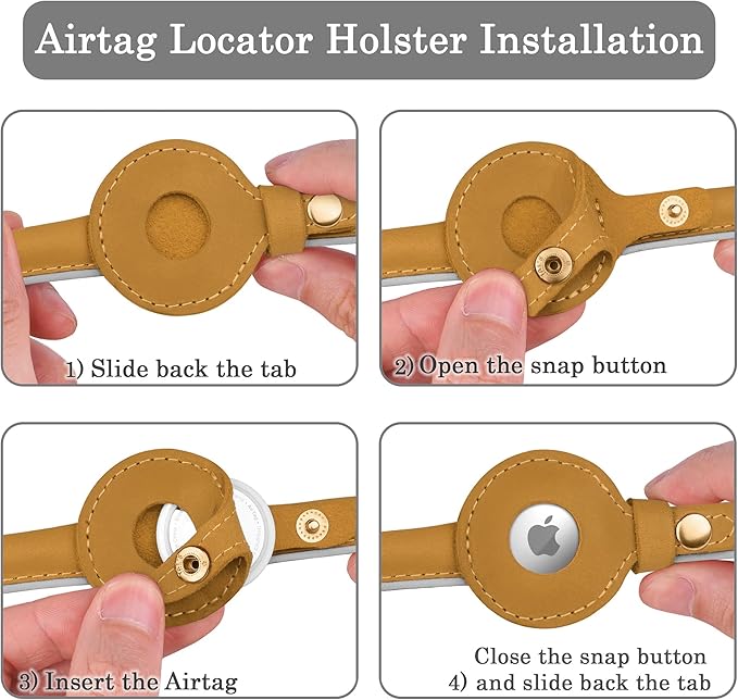 OOPSDOGGY Rolled Leather Dog Collar with Airtag Holder - Reflective Round Airtag Dog Collar - Soft Tracking Pet Collar for Small Dogs Puppy Cats Kitten (Camel, L, 14"-18")