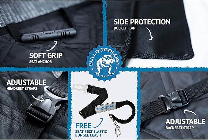 Bulldogology Front Car Seat Covers for Dogs - Heavy Duty Dog Seat Cover for Cars, Trucks, Vans, and SUVs - 100% Waterproof Front Seat Dog Cover - Passenger Dog Car Seat Cover for Front Seat (Black)